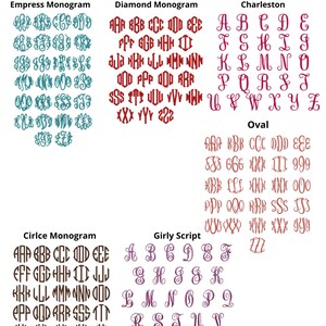 May include: Image showcasing various monogram fonts, including Empress, Diamond, Charleston, Oval, Circle, and Girly Script. Each font style is displayed with sample letters and letter combinations in different colors, such as teal, burgundy, and brown. The text "melondipity Monogram Fonts" is at the top.