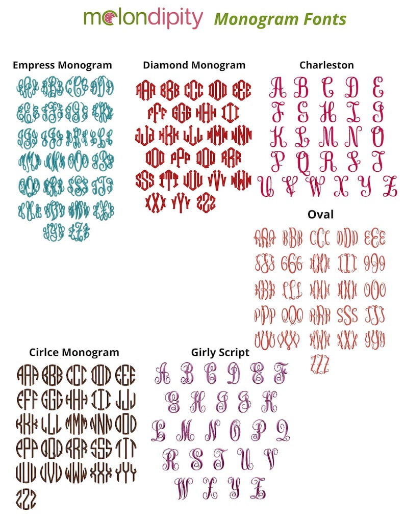 May include: Image showcasing various monogram fonts, including Empress, Diamond, Charleston, Oval, Circle, and Girly Script. Each font style is displayed with sample letters and letter combinations in different colors, such as teal, burgundy, and brown. The text "melondipity Monogram Fonts" is at the top.