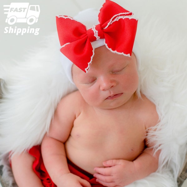 Newborn Girl Hospital Hat: White Scallop Trim, Ruby Red Bow