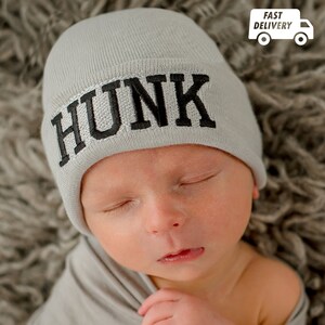 Melondipity Newborn Boy Embroidered Hospital Hat in Gray, Oatmeal, Pink, White, or Blue with &quot;Shadow Stitch&quot; | Double Ply for Extra Warmth