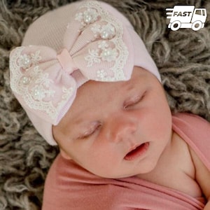 Pink Newborn Hospital Hat: Lace Pearl Bow, Double Ply