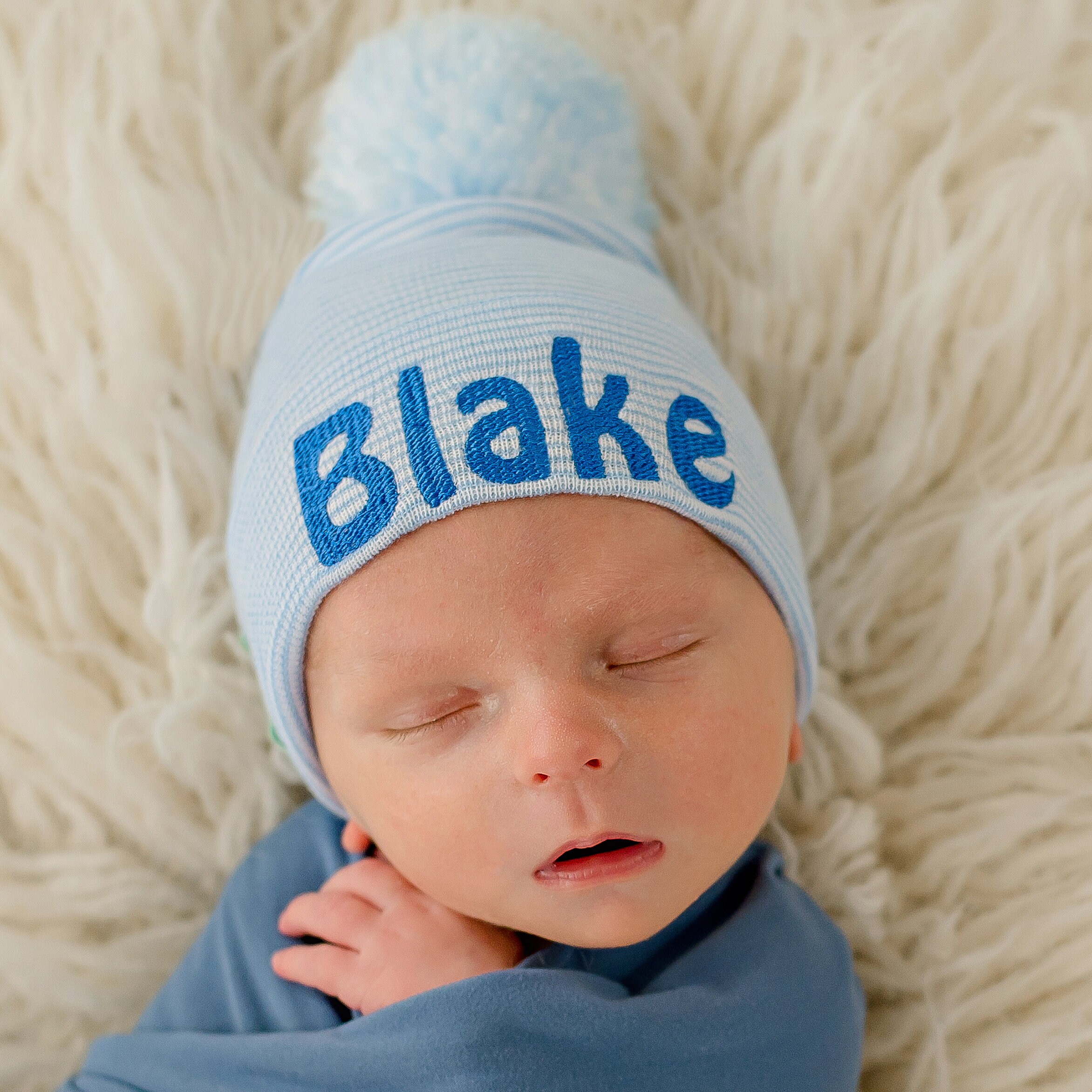 Personalized Newborn Boy Hospital Hat: Blue Striped Pom Pom Beanie - Etsy