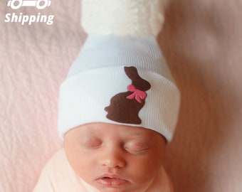 Pink Ribbon Chocolate Bunny Pom Pom Newborn And Baby Girl Hat - Easter Baby Hat - Newborn Hospital Hat Bunny