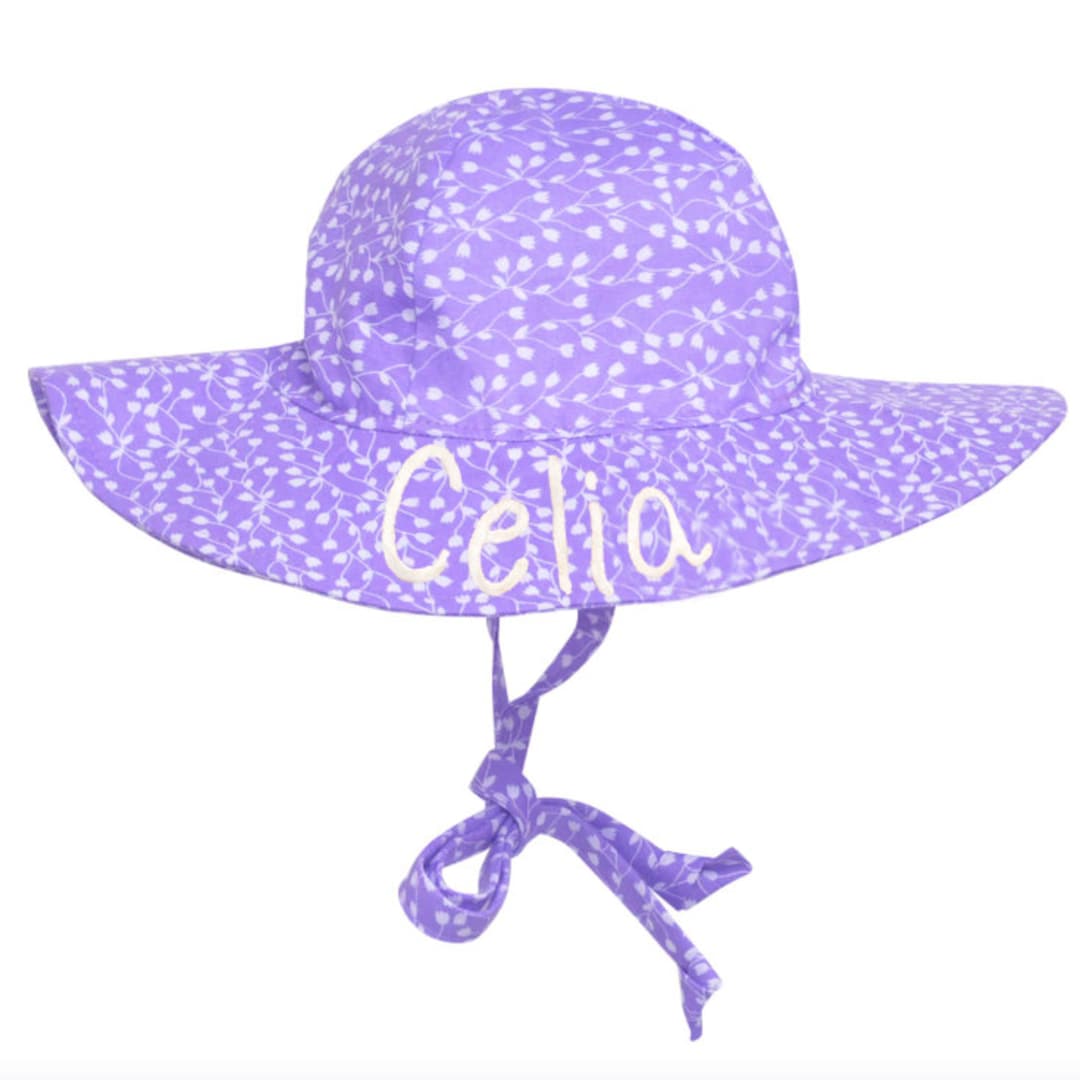 Purple and White Fun Floral Printed Baby Girl Sun Hat Personalized Sun