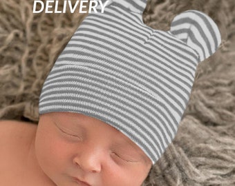 Grey and White Striped Baby Bear Newborn Boy Hospital Hat - Baby Boy Hat - Hospital Hat for Newborn Boy - Baby Bear Hat - Grey and White