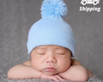 Melondipity BABY BOY HAT newborn baby boy hospital hat newborn boy hat infant boy hat hospital newborn hat with Blue or White Pom