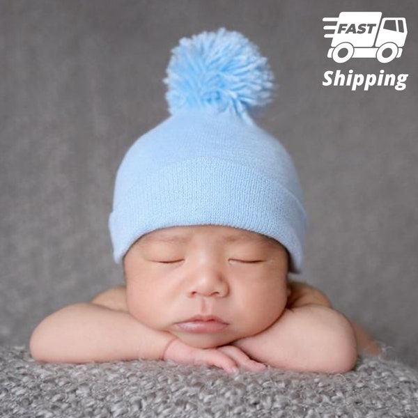 Melondipity BABY BOY HAT newborn baby boy hospital hat newborn boy hat infant boy hat hospital newborn hat with Blue or White Pom