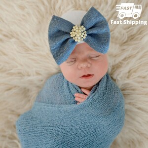 Melondipity Chambray and Pearl Bow Newborn Girl Hospital Hat with Pearl and Rhinestone Center | Double Ply for Extra Warm and Comfort