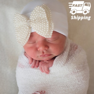 Melondipity Newborn Girl Hospital Hat: Pearl Bow, Double Ply