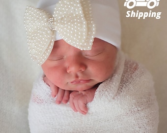 Melondipity Pearl Bow Nursery Newborn Girl White Hospital Hat - Newborn Girl Hospital Hat - Pearl Bow- White Baby Girl Hat