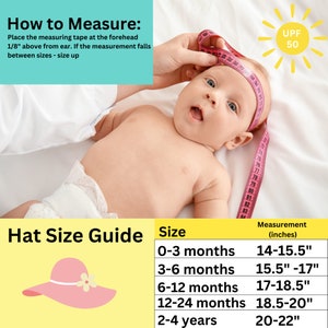 May include: A baby is measured with a pink measuring tape for hat sizing. The image includes a hat size guide with measurements in inches for different age groups, ranging from 0-3 months to 2-4 years. The image also includes a pink hat illustration.