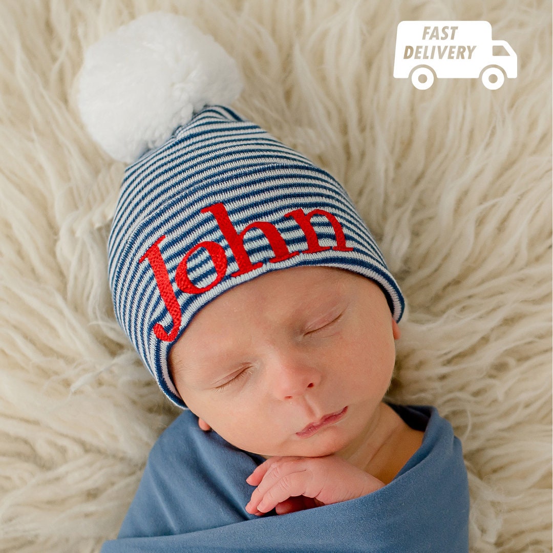 Personalized Newborn Boy Hospital Hat: Blue Striped Pom Pom Beanie - Etsy