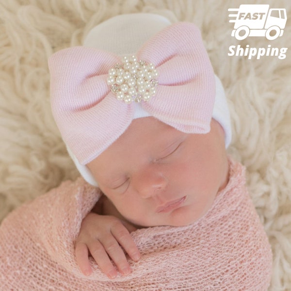 Melondipity Patsy Pearl Vintage Rhinestone White Hospital Hat and Pink Bow Newborn Girl Hospital Hat-Newborn Girl Hospital Hat-Baby Girl Hat