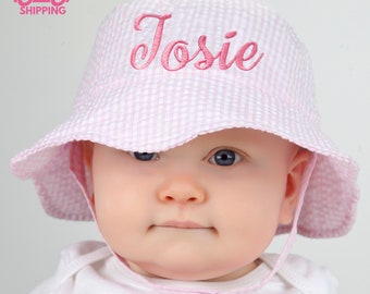 Embroidered Baby Sun Hat: Pink Seersucker, Wide Brim, UPF 50+