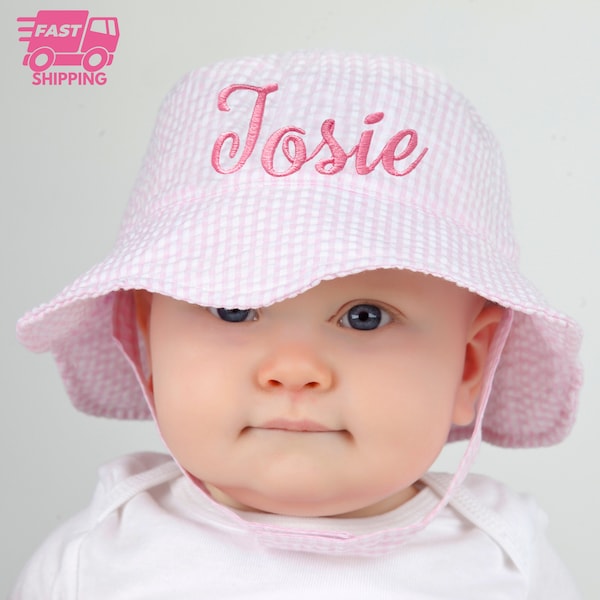 PERSONALIZED Pink & White Seersucker Personalized Sun Hat for Baby and Toddler Girls- Name or Monogram - Baby Girl Sun Hat - Toddler Sun Hat