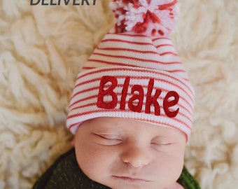 Personalized Christmas Newborn Hat: Candy Cane Striped Pom Pom Beanie