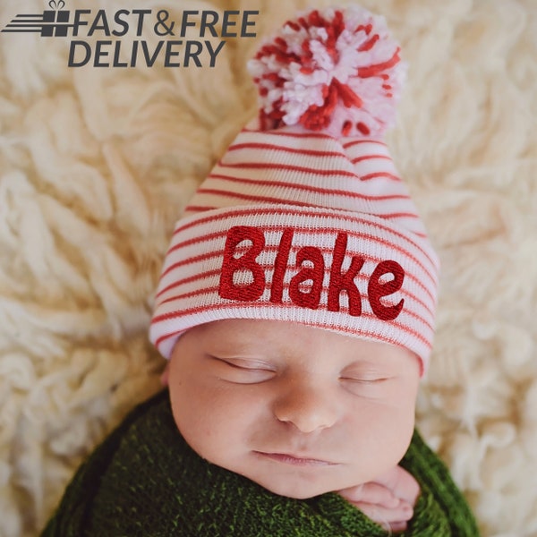 Personalized Christmas Candy Cane Striped Hospital Hat with Mixed Red & White White Pom Pom Newborn Hospital Hat - Christmas Newborn Hat