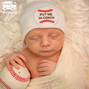 Put Me In Coach Newborn Hospital Hat - Baseball Baby Hat Blue, White or Gray - Made in the USA - Newborn Sports Hospital  Hat for Newborns