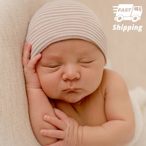 Newborn Baby Boy Hat, Soft Knitted  Cute Hat | Infant Hospital Hat Tan & White Stripe | Double Layer for Extra Warmth and Comfort