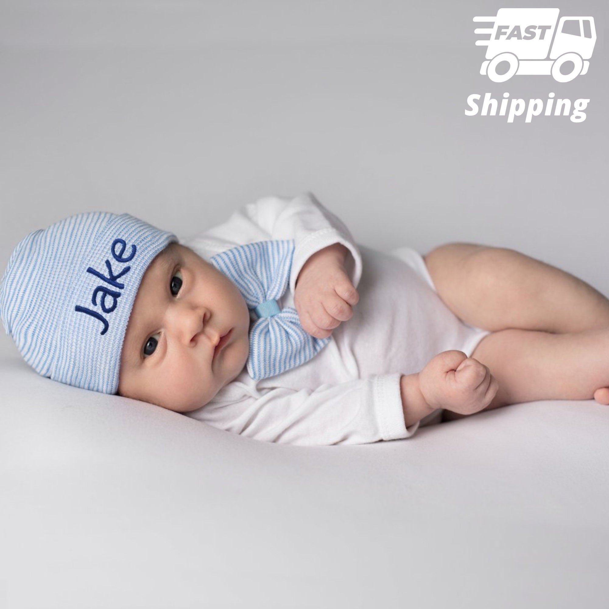 Embroidered Newborn Boy Hospital Hat & Bow Tie Onesie Set