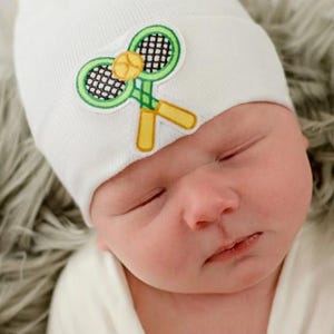 Melondipity White Hospital Hat with a Tennis Racket Patch for Newborns and Gender Neutral Baby | Double Ply for Extra Warmth and Comfort