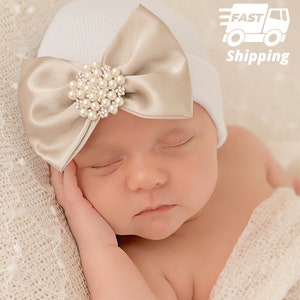 Melondipity Soft Gold Satin Bow with Pearl Rhinestone Jewel White Hospital Hat- Newborn Girl Hat- Newborn Hospital Hat - Girls Baby Hat