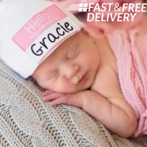 Melondipity Personalized White Hospital Hat with Pink and White Twill Patch for Newborn Girl | Double Ply for Extra Warmth and Comfort