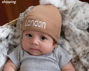 Melondipity Tan Solid Personalized Baby Boy Hospital Hat with White Pom Pom - Baby Boy Hospital Hat - Personalized with Baby's First Name