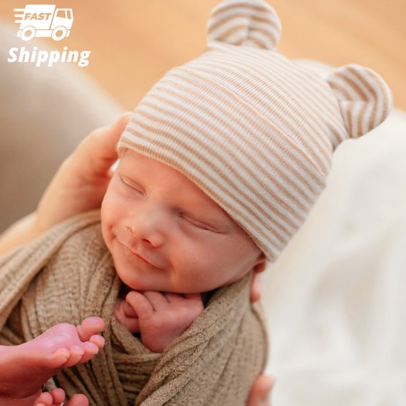 White Striped Baby Bear Hat for Newborn 