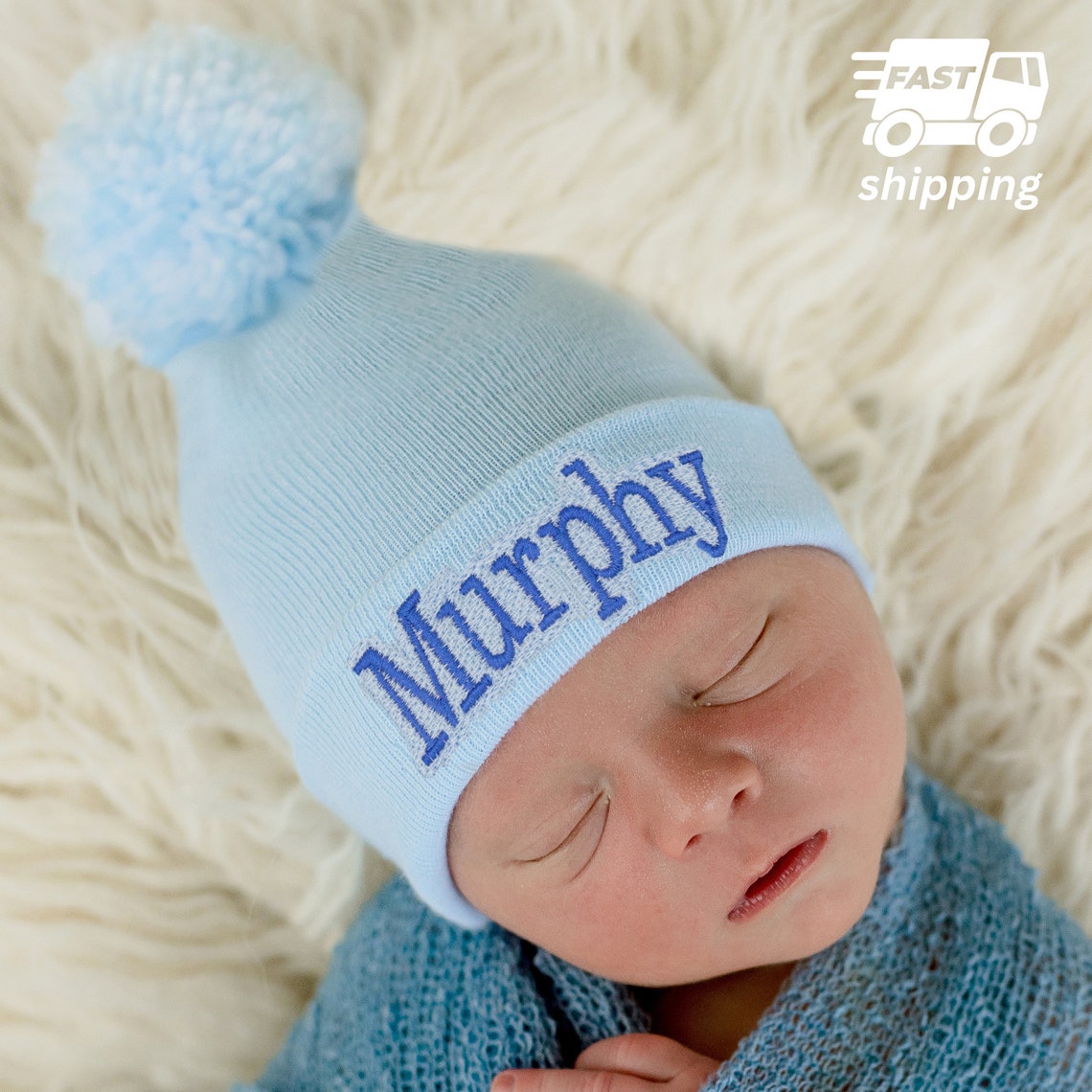 Personalized Newborn Boy Hospital Hat: Blue Pom Pom, Embroidered Name ...
