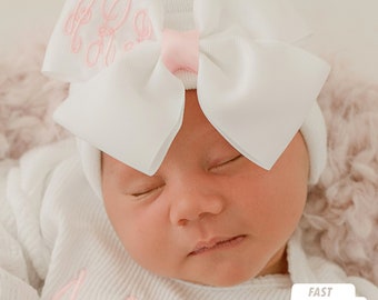 Melondipity Monogrammed Ribbon Bow on White Hat - Baby and Newborn Monogrammed Bow Hat - Many colors available Pink, Purple, White and Tan