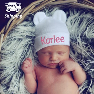 Melondipity Personalized White Beanie Bear Ear Newborn Hospital Hat for Girls and Boys | Double Ply for Extra Warmth and Comfort