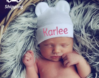 Personalized White Gender Neutral Bear Ear Newborn Boy Or Girl Hospital Hat For Newborns - White Bear Ear Newborn Hospital Hat