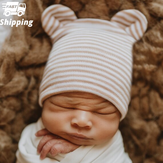 White Striped Baby Bear Hat for Newborn 
