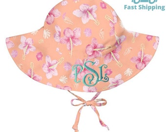 Personalized Baby Sun Hat: Peach Hibiscus, UPF 50, Wide Brim