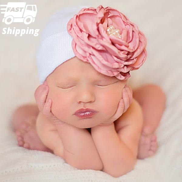 Newborn Girl Hospital Hat - Pink Rose Silk Flower with Pearls - Newborn Girl Hat - Pink or Purple Silk Flower - Newborn Girl Hospital Hat