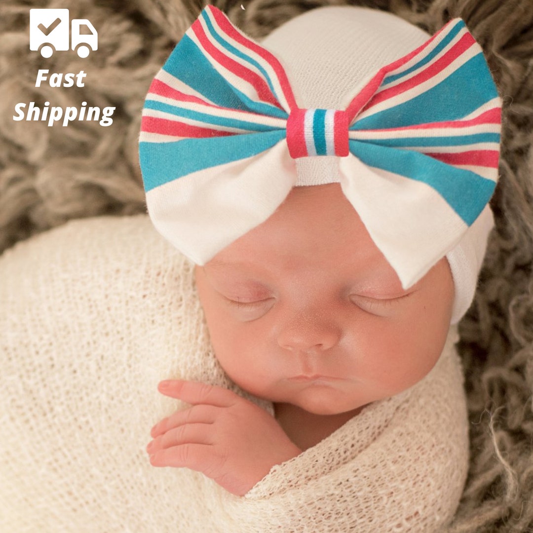 Melondipity Striped Hospital Hat Blanket BOW Newborn Girl Hospital Hat