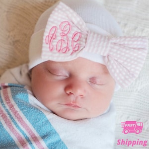 Monogrammed Seersucker Bow Hospital Hat: Personalized Newborn Girl Gift