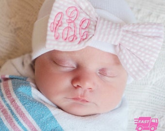 Personalized Embroidered Baby Girl Monogrammed Seersucker BOW - Your MONOGRAM- Your thread color- Hospital Hat