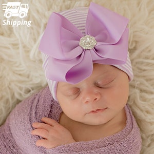 Melondipity White and Purple Striped or White Newborn Girl Hospital Hat with Purple and Burgundy Bow and Rhinestone Center | Perfect Gift