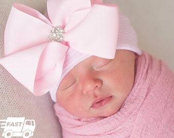 Melondipity Pink And White or White Striped Hospital Hat With Pink Ribbon Bow With Rhinestone Center