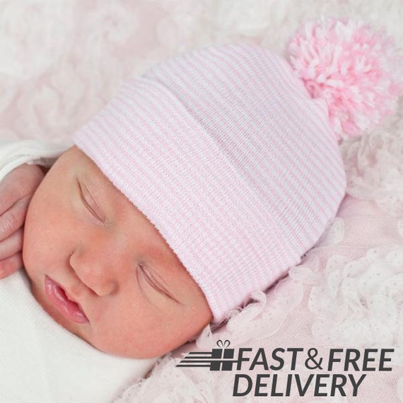Pink and White Striped Newborn Baby Girl Hospital Nursery Beanie