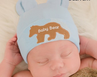 Blue Baby Bear with Baby Bear Patch Newborn Boy or Girl Hospital Hat - Gender Neutral Newborn Hospital Hat - Newborn Boy Baby Hat - Baby Hat