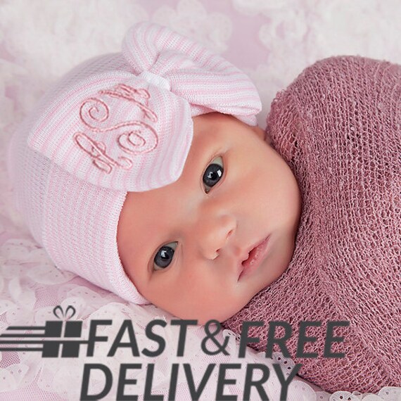 Melondipity Seersucker Pink and White Striped Flower Newborn Girl Hospital Hat