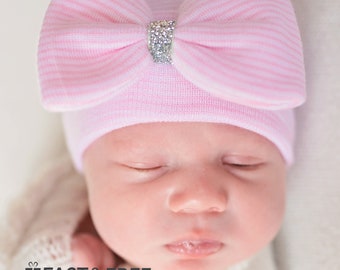 Melondipity Silver Shimmer Pink and White Striped Big Bow Newborn Hospital Hat- Newborn Girl Hospital Hat - Welcome Home Hat