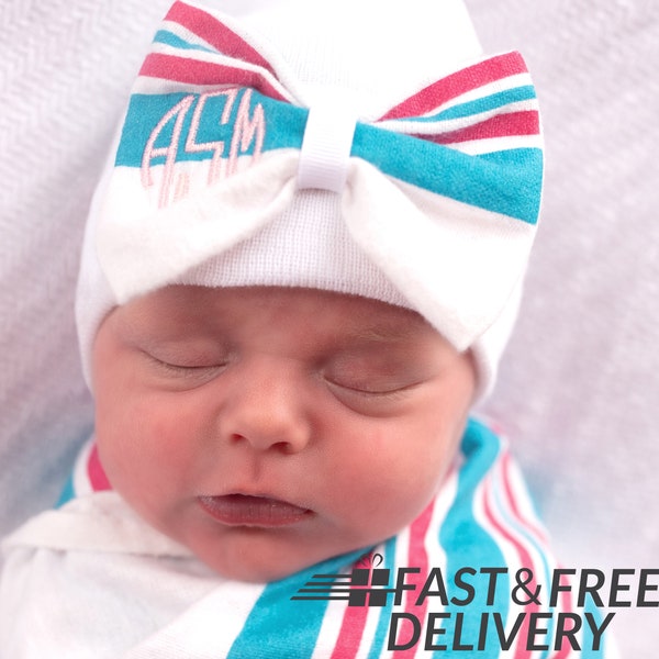 Melondipity Hospital Blanket Monogrammed Bow Newborn Girl Hospital Hat - Hospital Stripes - Newborn Girl Hat - Baby Girl Hat - Newborn Hat