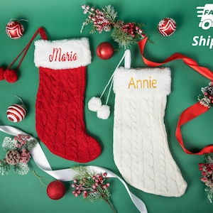 Melondipity Personalized Embroidered White or Red Cable Knit Stocking with White Fluffy Top for Gender Neutral | Perfect Gift for Christmas