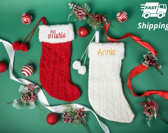 Personalized Cable Knit Christmas Stocking: Embroidered Name, Pom Poms