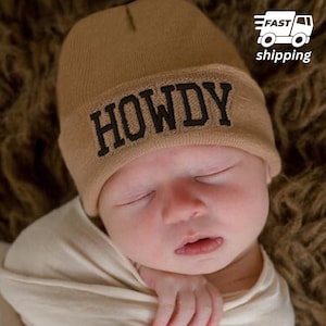 Melondipity Tan, Gray, Oatmeal, White, Blue, or Pink Howdy Newborn Hospital Hat for Western Babies | Double Ply for Extra Warmth
