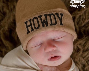 Melondipity HOWDY Hat in Tan, Gray, Oatmeal, White, Blue or Pink Hospital Hat Hospital Hat for Western Babies